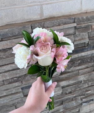 Pink & White Prom Handheld Bouq. prom bouq.