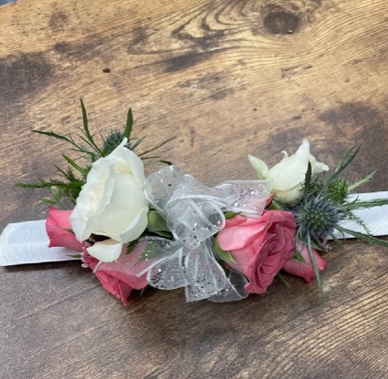 Pink & White Roses with Thistle 