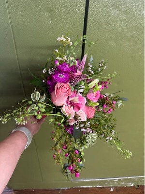 pinkish/purple prom flowers hand tied prom bouquet 
