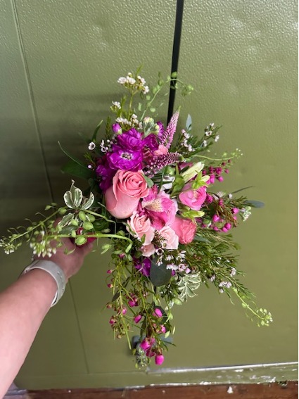 pinkish/purple prom flowers hand tied prom bouquet 