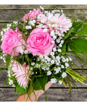 Pink's Hand Held Fresh Arrangement