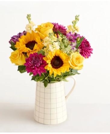 Pitcher of Sunshine Ceramic Pitcher of Blooms in Oakdale, NY | POSH FLORAL DESIGNS INC.