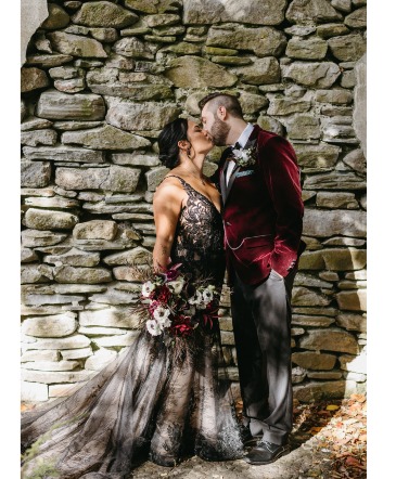 Pomfret Wedding Stunning Anemone & Dahlia Cascading Bouquet in Stratford, CT | Dawn's Secret Garden