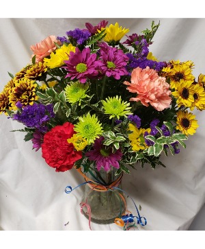 POP OF COLOR...ALL AROUND BOKA OF (E) Daisies and carnations and filler(colors could vary with seasons)ADD A HB MYLAR OR HAPPY BIRTHDAY PIC AT CHECKOUT! 