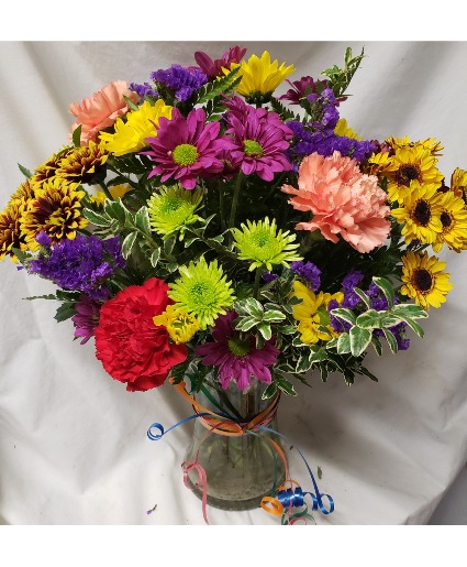 POP OF COLOR...ALL AROUND BOKA OF (E) Daisies and carnations and filler(colors could vary with seasons)ADD A HB MYLAR OR HAPPY BIRTHDAY PIC AT CHECKOUT! 