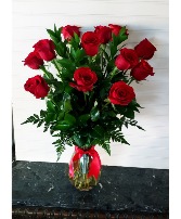 Pop's Dz Red Roses in Clear Golden Vase In a Keepsafe Vase