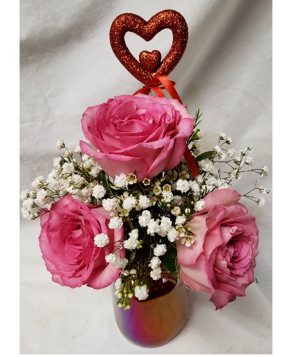 Popular...CANDY HEARTS!...3  ROSES pink (VD)  IN A COLORED pint mason jar WITH HEART PIC AND FILLER