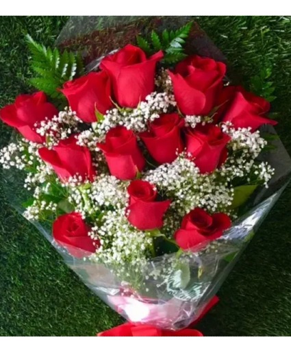 POPULAR! DOZEN RED ROSES WITH FILLER (W)   presentation bouquet. Wrapped with bow and watertubes and babys breath!