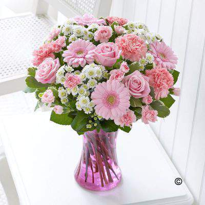 Precious Pink and White Vase Arrangement Gerber Daisys may not be pink