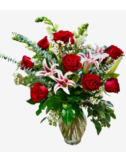 Premium Dozen Roses Includes snapdragons, Asiatic lilies, deluxe greens