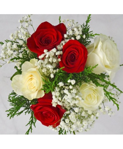 Presentation bouquets with 3 red and 3 white (W) Roses wrapped in cellophane with watertubes and bow!