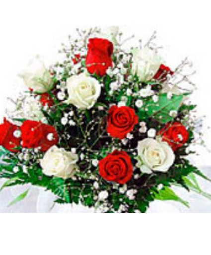 Presentation bouquets with 6 red and 6 white  (W)  Roses wrapped with baby's breath and watertubes.