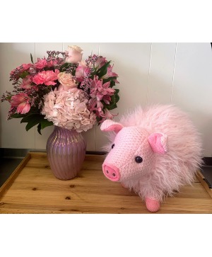 Pretty In Pink With Stuffed Pig Fresh Vased Arrangement With Stuffed Pig