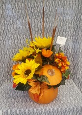 Pumpkin Vase w/ Silk Sunflowers & Leaves 
