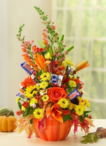 Pumpkins and Candy Flower Arrangemnet with Candy Accents in Monument, CO | Enchanted Florist