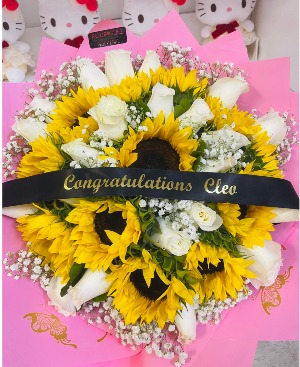 Pure Sunshine Bouquet made of 12 sunflowers, 24 white roses with baby breath