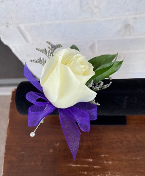Purple and White Bout. Prom Boutonniere