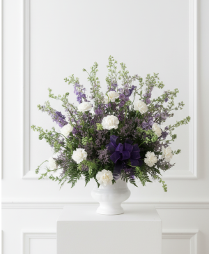 Purple and white carnation basket  funeral basket 