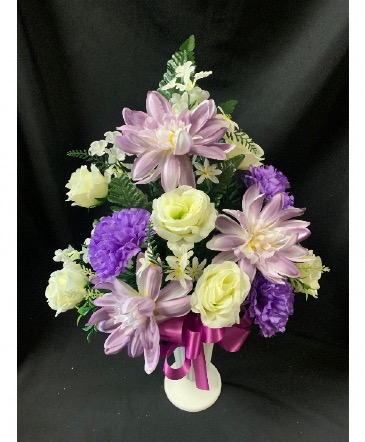 Purple and White Silk Cemetery Vase Arrangement in Red Lake, ON | FOREVER GREEN GIFT BOUTIQUE