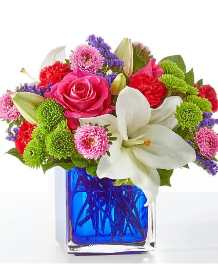 Quality Time Bouquet Blue Cube with Pinks, Greens and Whites 