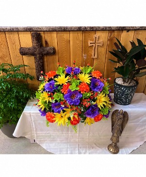 Radiant Rainbow Silk Flower Headstone Arrangement