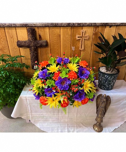 Radiant Rainbow Silk Flower Headstone Arrangement