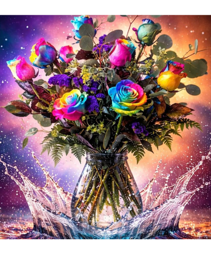Rainbow Rose Mix 1/2 dozen or  dozen vase 