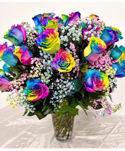 1 Dozen Rainbow Roses 1 Dozen in a vase