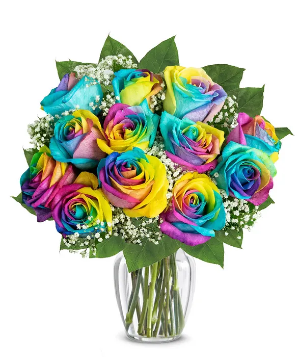 rainbow roses clear vase Floral Design