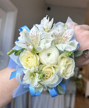 Ranunculus Dream Blue and White Corsage Corsage