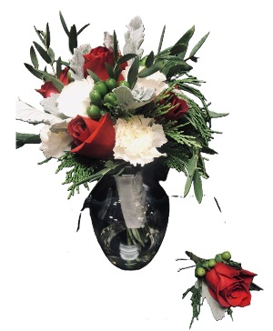 Red and White Arrangement with Boutonniere 