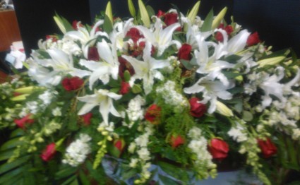 Red and White Casket Spray wWth White lilies Sympathy Tribute