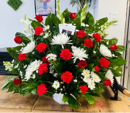 Red and White Funeral Basket in Mcallen, TX - Rodriguez Wholesale Flowers