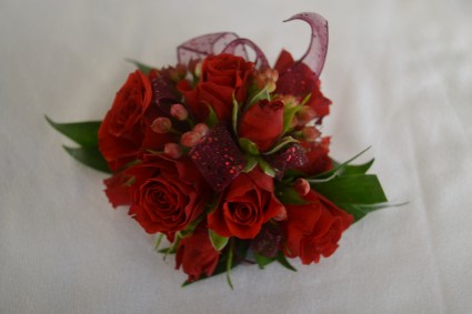 red corsage wrist corsage