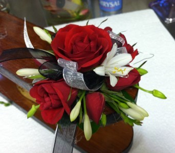 Red Domino wrist corsage