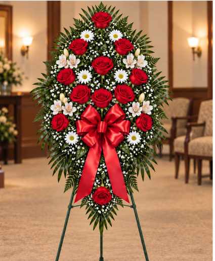 Red Grace Standing Spray Call Us for Faster Service & Daily Specials: (915) 303-8500 Text Us to Order Anytime: (915) 505-3708 Your trusted source for Flowers & Delivery in El Paso TX 