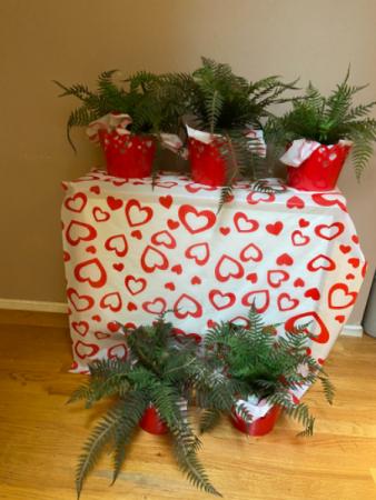 RENTAL red heart container with silk fern  rental for theme,dance  party ,or wedding