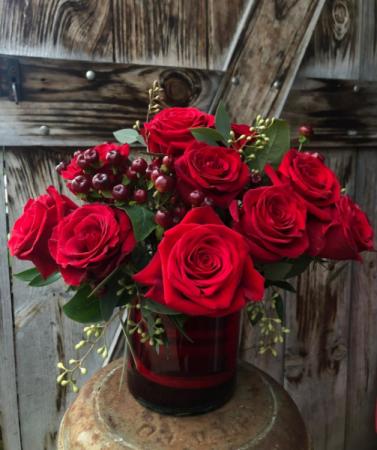 Red Hot Valentine ! red roses in red cylinder