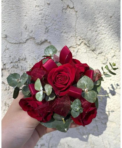Red Mini Roses & Eucalyptus  Corsage 