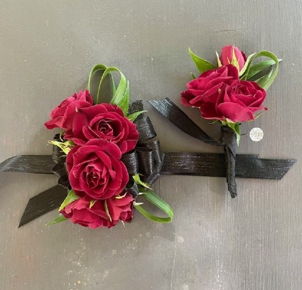 Red Red Wine Wrist Corsage & Boutonniere Set