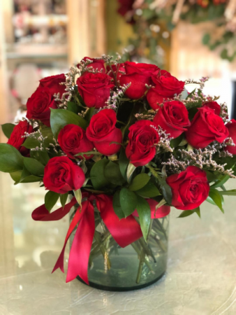 Red Rose Cluster Glass Cylinder Vase