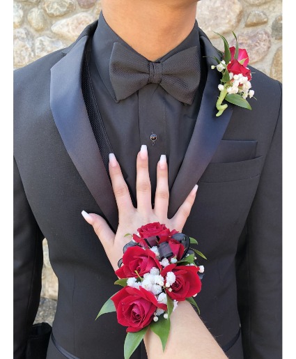 RED ROSE WRIST CORSAGE AND BOUT SET PROM