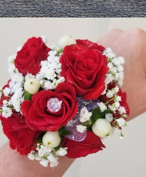 Red Baby Roses With White Accents Wrist Corsage 