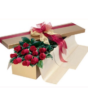 Red Roses Boxed with greenery Change colour in special instructions.
