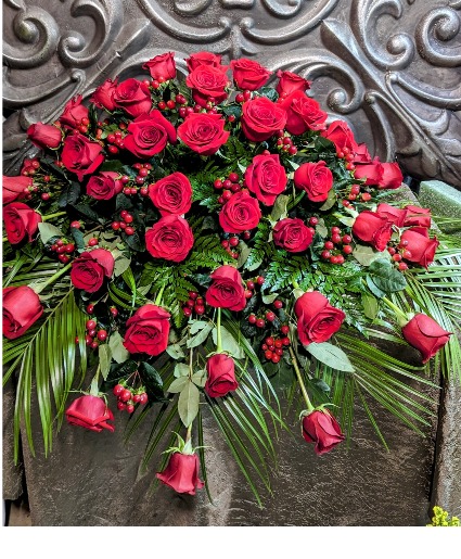 Red roses & coffee berry Casket spray