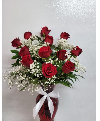 Red roses in red vase Any occasion 