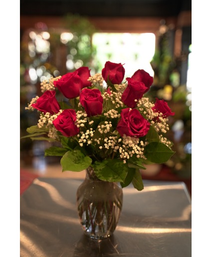 A Vased Dozen  Red With Baby's Breath
