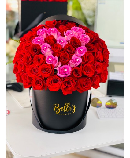 Red Roses Pink  Diamond Heart in a box 50 roses