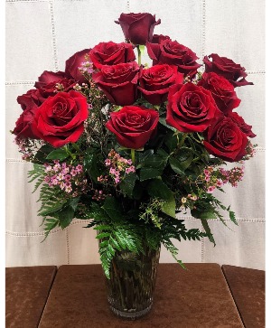 RED ROSES & WAX FLOWER  Premium Rose Arrangement
