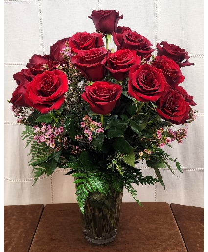 RED ROSES & WAX FLOWER  Premium Rose Arrangement